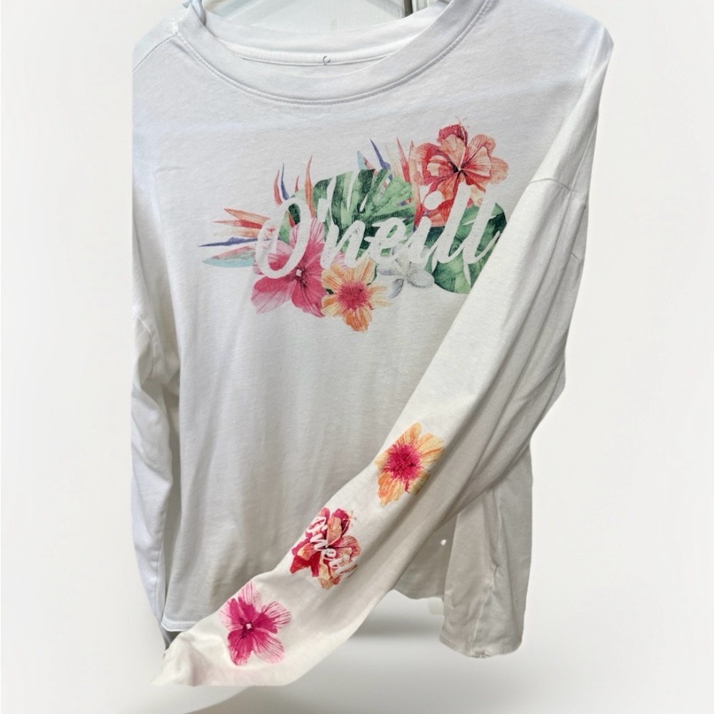 O’neill Long Sleeve Shirt Size XL White, Graphic Print Floral Tee Cotton Casual